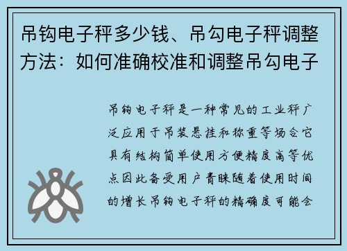 吊钩电子秤多少钱、吊勾电子秤调整方法：如何准确校准和调整吊勾电子秤的精确度？